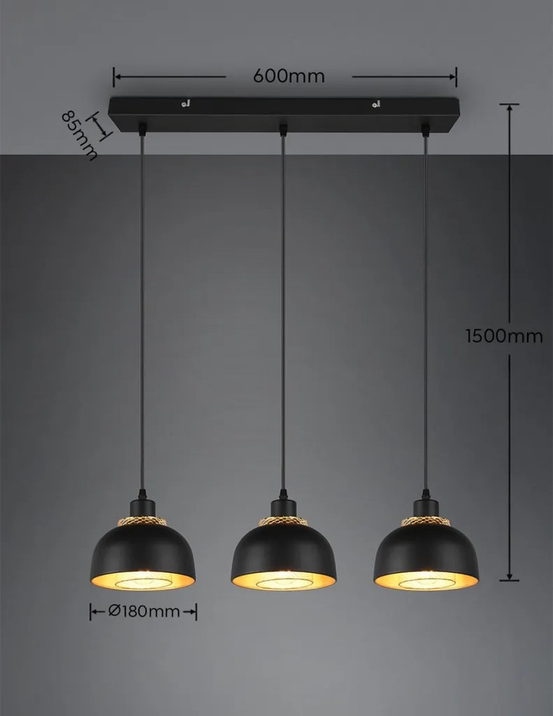 Závesné stropné osvetlenie Punch, čierno-zlatá, 3 svietidlá