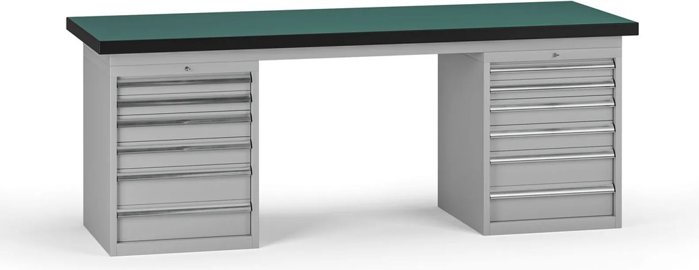 Pracovný stôl do dielne G8, 2100 x 750 x 800 mm, 2x kontejner, 12 zásuviek, sivá
