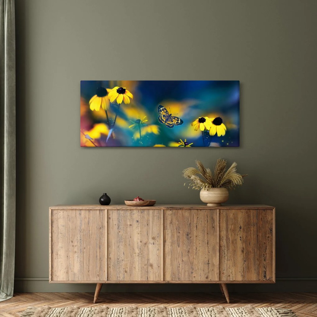Obraz - Žltý motýľ s kvetmi (120x50 cm)