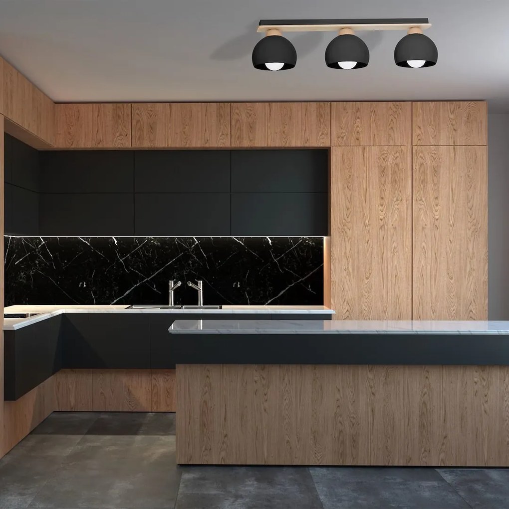 Stropné svietidlo Dama, 3x čierne kovové tienidlo, b/drevo