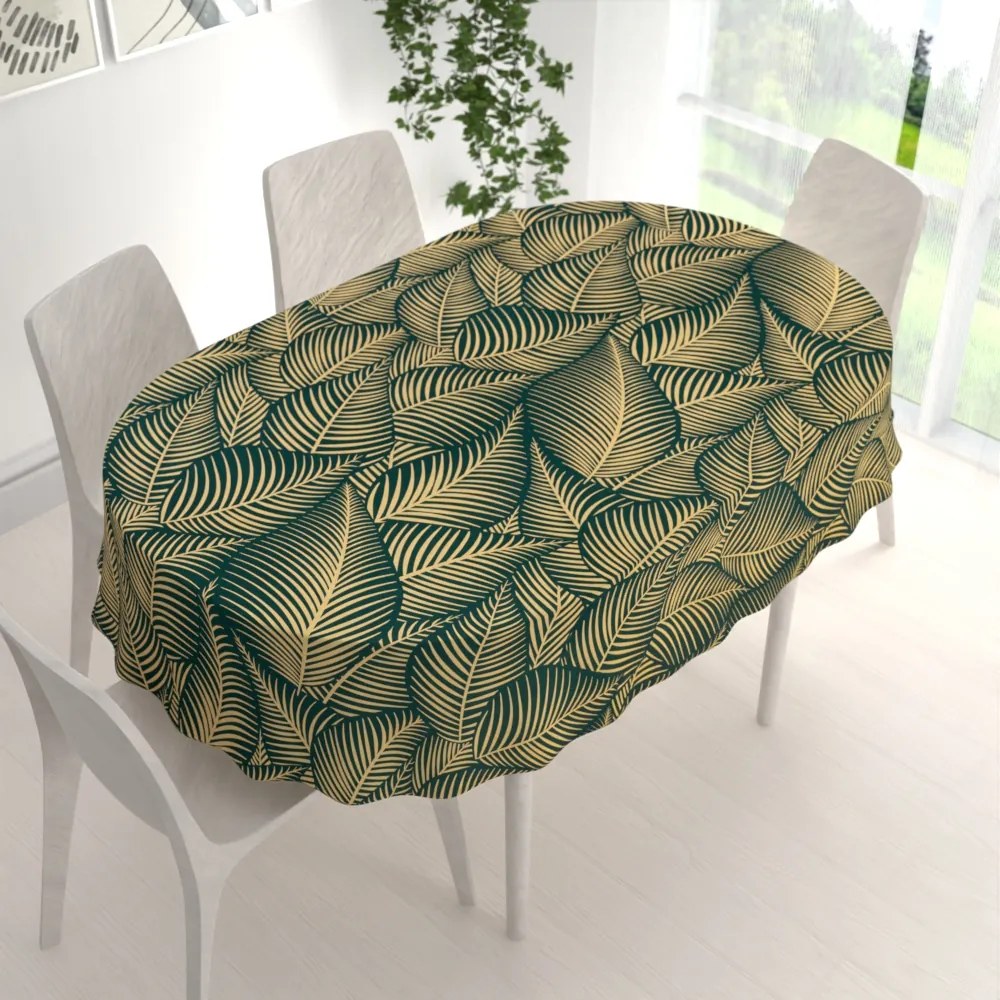 Biante Bavlnený oválny obrus Sandra SA-569 Veľké béžové listy na zelenom 60x100 cm