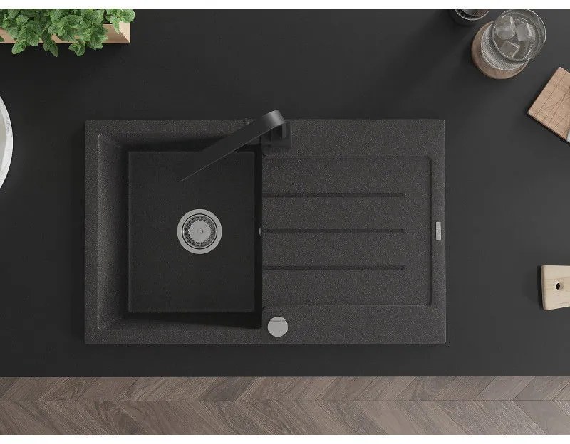 Mexen Bruno, drez granitový 795x495x200 mm, 1-komorový, čierna škvrnitá s chrómovým sifónom a čierna drezová batéria Rita, 6513-76-670300-70