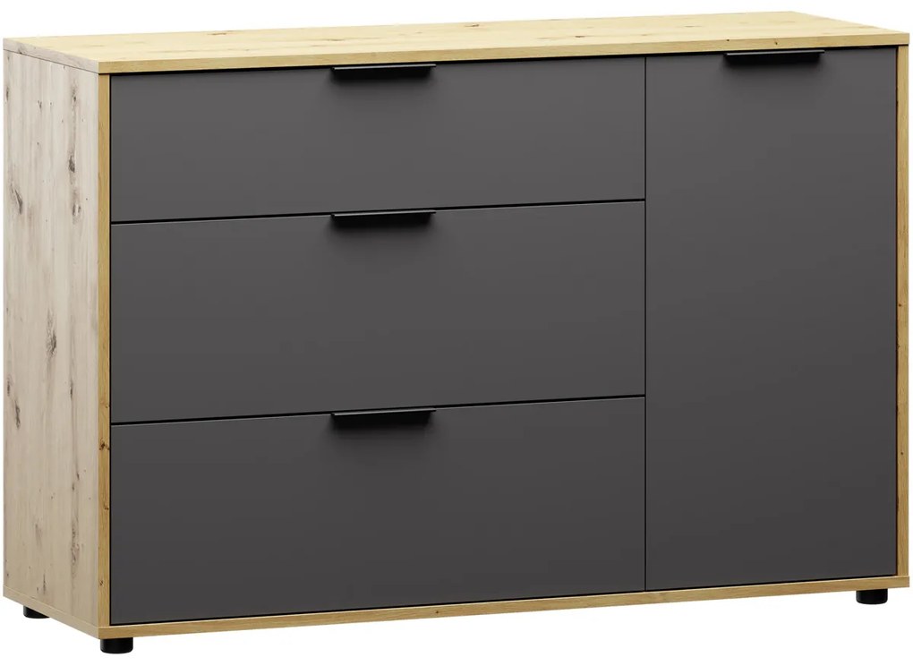 Komoda so zásuvkami Neston 1D/3DR - sivý grafit / dub wotan