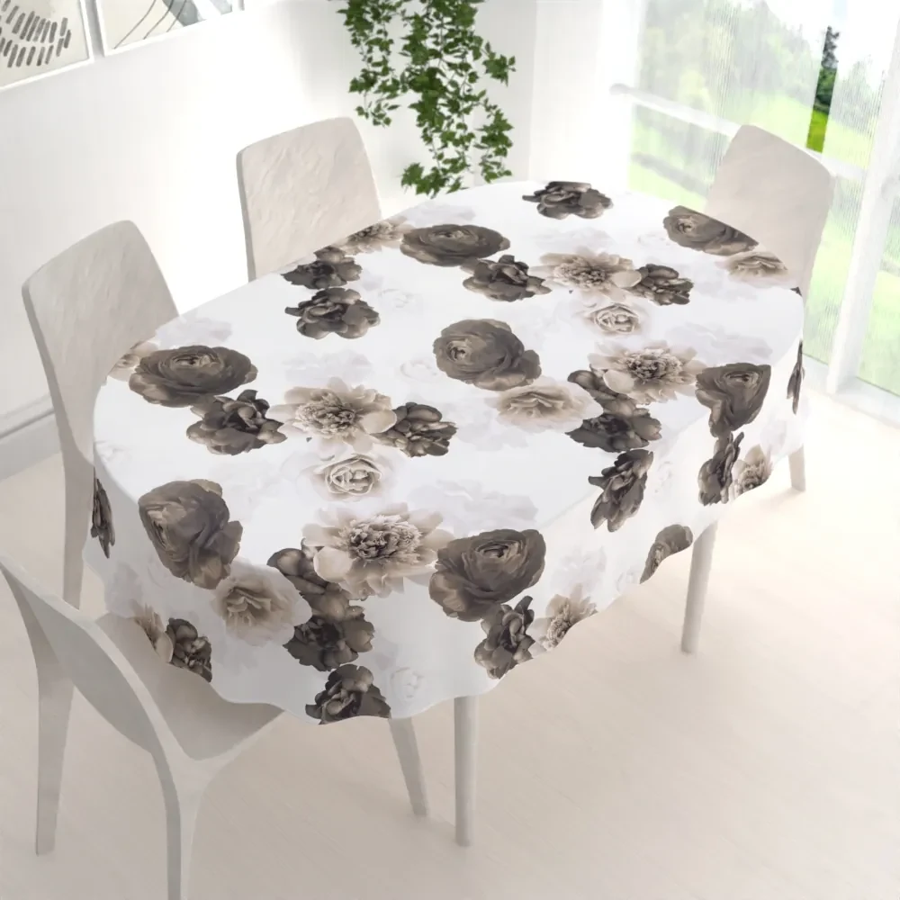 Biante Dekoračný oválny obrus PM-016 Veľké hnedé kvety 140x200 cm