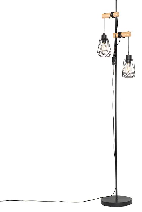 Rustikálna stojaca lampa čierna s drevom 2-svetlo s tienidlom - Dami Frame