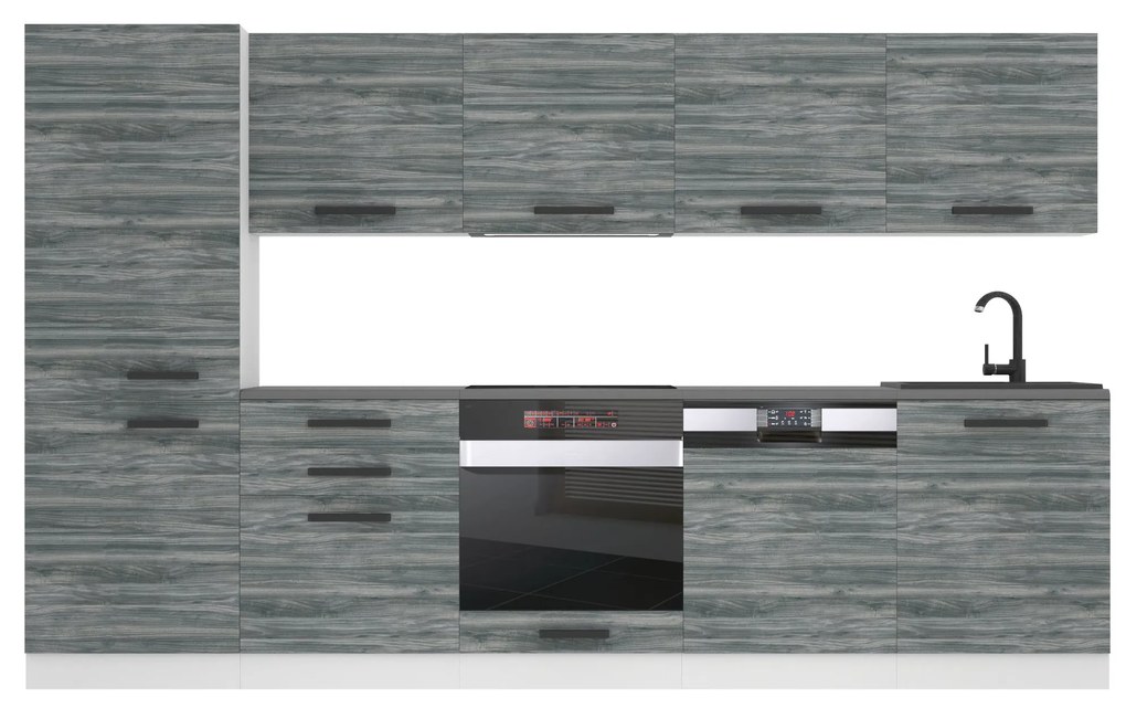 Kuchynská linka Belini Premium Full Version 300 cm šedý antracit Glamour Wood s pracovnou doskou ROSE