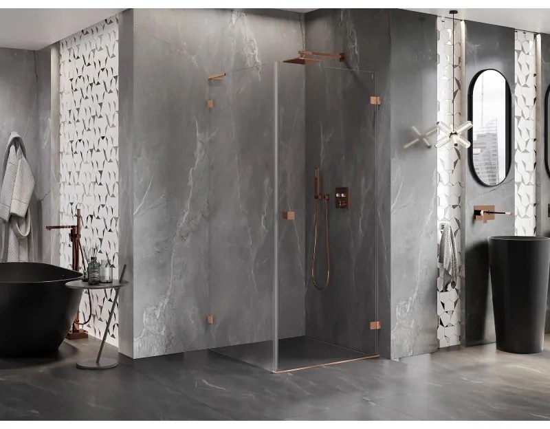 Mexen Lunar-B L výklopný sprchový kút pravý 90 x 90 cm, číre sklo, medená matná, 832L-090-090-65-00-P