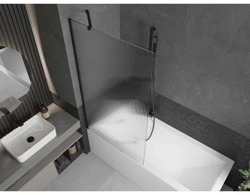 Mexen Next, vaňová zástena 1-krídlová 90 x 150 cm, fixné krídlo, 6 mm sklo s pruhmi, čierny profil, 895-090-000-00-09-70