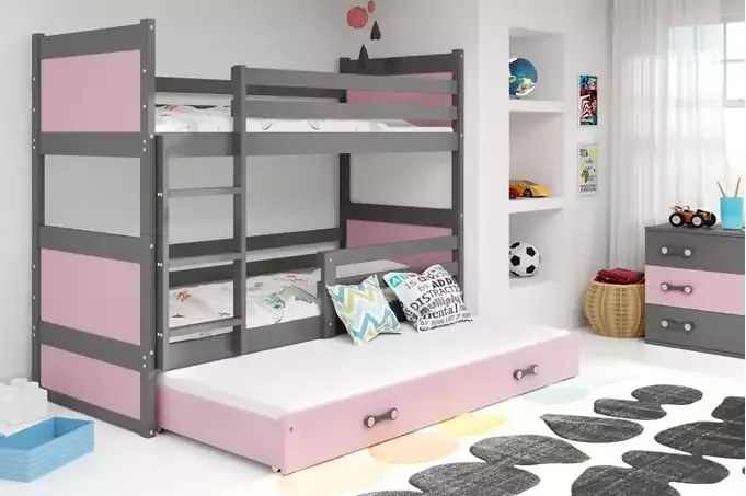 3-lôžková poschodová posteľ RICO so zásuvkou, grafitová/ružová