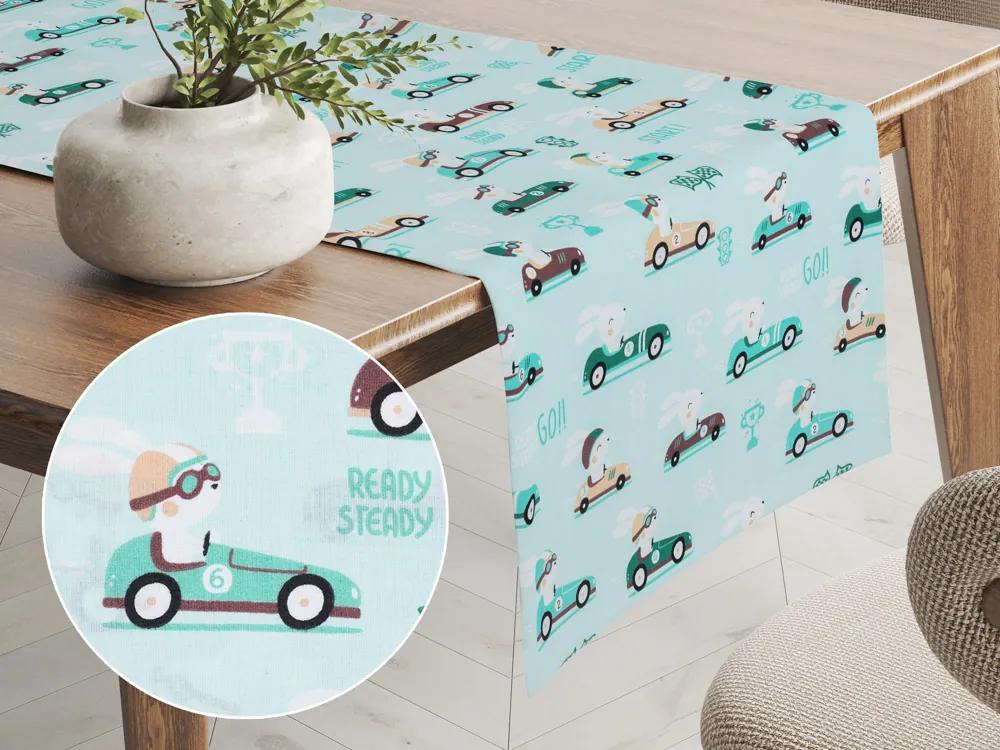 Biante Detský bavlnený behúň na stôl Sandra SA-375 Zajačie automobilové preteky na mintovom 35x180 cm
