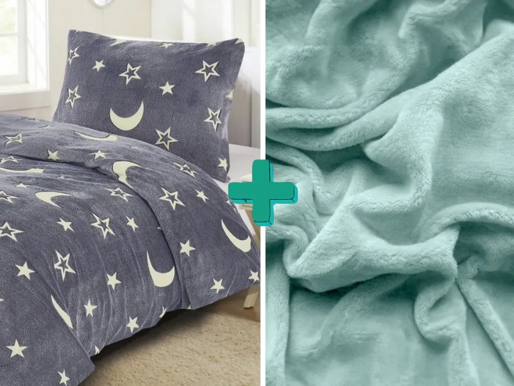 Svietiace obliečky mikroplyš BIG MOON sivé + plachta mikroplyš SOFT 90x200 cm mentolová