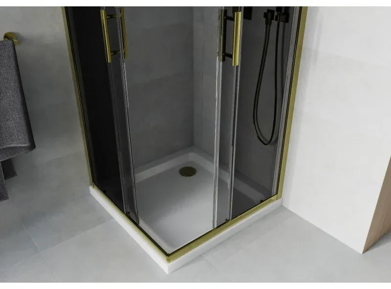 Mexen Rio, štvorcový sprchovací kút s posuvnými dverami 70(dvere) x 70(dvere) x 190 cm, 6mm šedé sklo, zlatý profil + biela sprchová vanička SLIM, 860-070-070-50-40-4010G