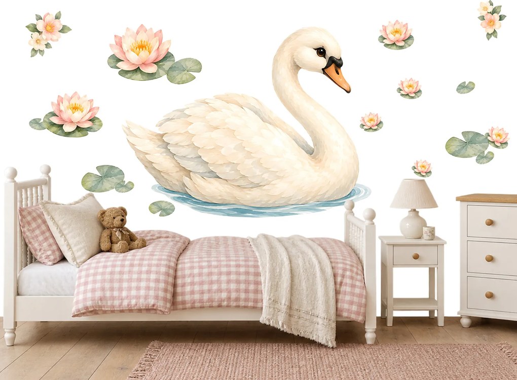 Labuť a lekno textilní prelepiteľná nálepka na stenu list 159 × 122 cm