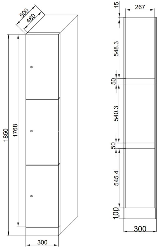 Šatníková skrinka s úložnými boxmi, 3 boxy, 1850 x 300 x 500 mm, zámok s čítačkou RFID kariet, béžové dvere