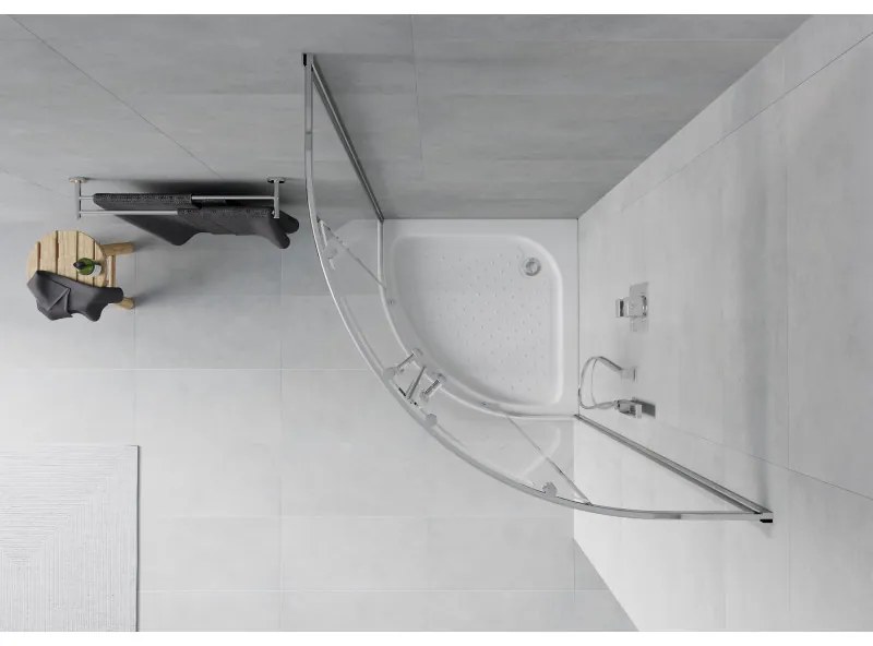 Mexen Rio, štvrťkruhový sprchovací kút s posuvnými dverami 90 x 90 cm, 6mm číre sklo, chrómový profil + biela vysoká sprchová vanička Rio, 863-090-090-01-00-4710