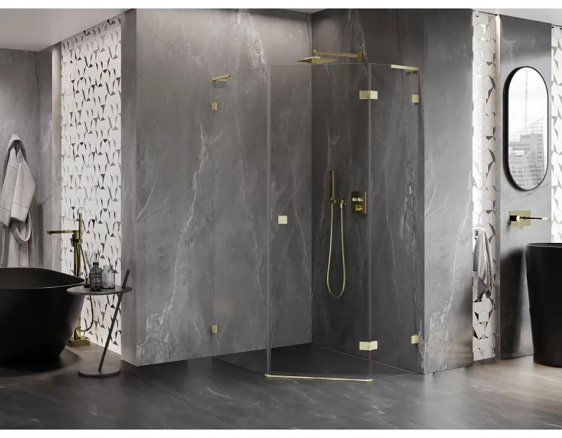 Mexen Lunar, L pravý výklopný päťuholníkový sprchový kút 90 x 100 cm, 8mm číre sklo, zlatý matný profil, 831L-090P-100L-55-00-P