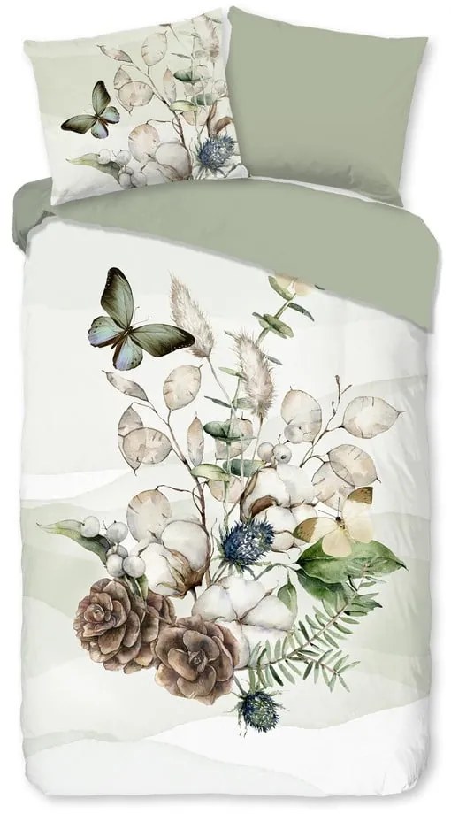 Zeleno-krémové predĺžené flanelové obliečky na jednolôžko 140x220 cm Marjan – Good Morning