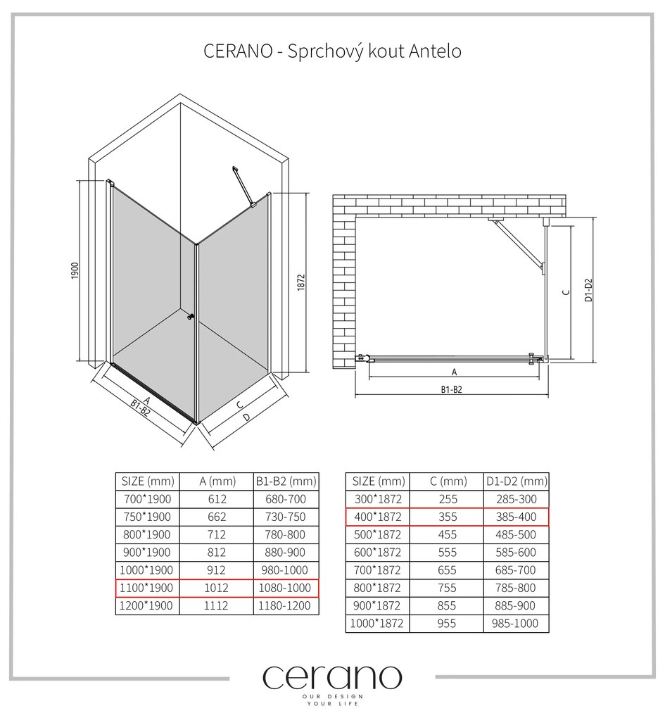 CERANO - Sprchovací kút Antelo L/P - 6 mm - chróm, transparentné sklo - 110x40 cm - krídlový, CER-CER-8050BD129