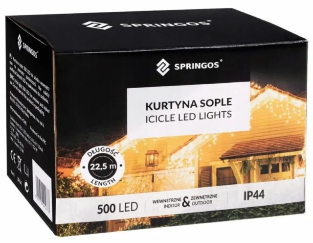 SPRINGOS LED kvaple - 22,5m, 500LED, 8 funkcií, ovládač, IP44, studená biela