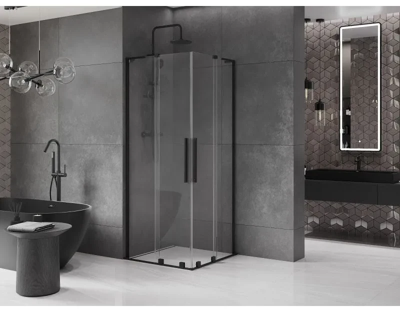 Mexen Velar L Duo, sprchový kút s posuvnými dverami 80 x 80 cm, 8mm číre sklo, čierna matná, 871-080-080-02-03-70