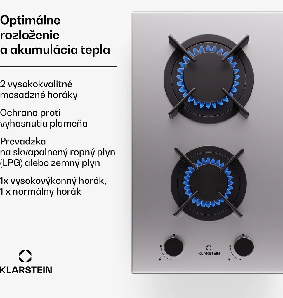 Klarstein Goldflame, plynová varná doska, 2 mosadzné horáky, nehrdzavejúca oceľ