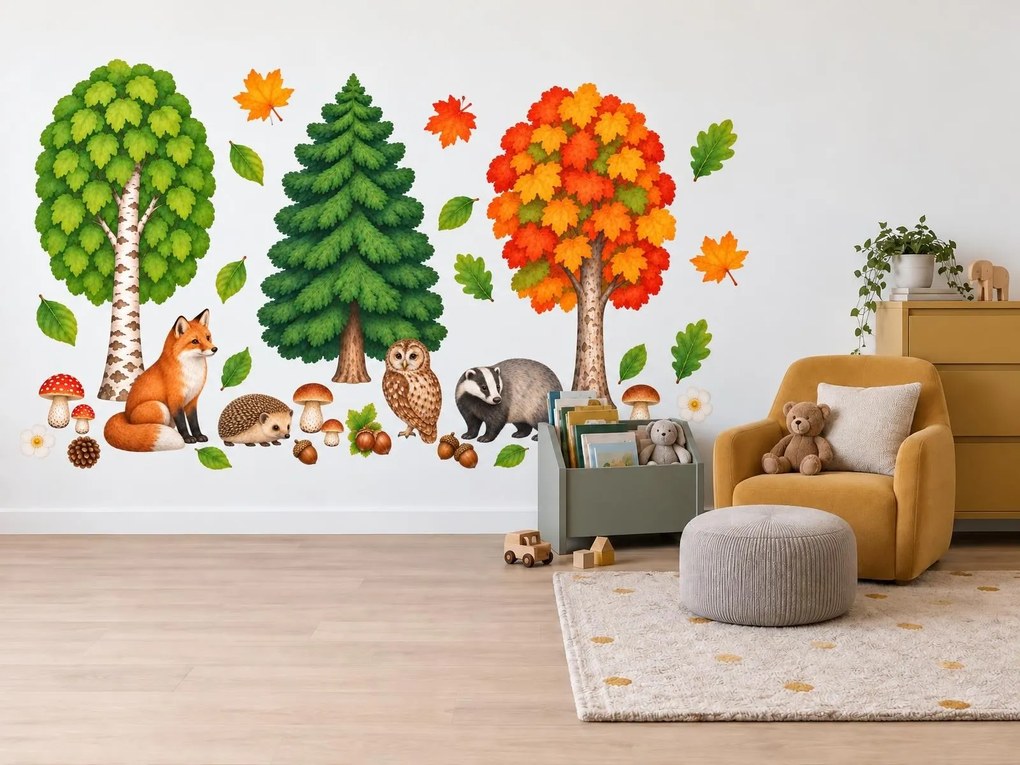 Líška a jazvec pod stromami realistické lesné nálepky na stenu pre chlapcov aj dievčatá arch 35 x 46 cm