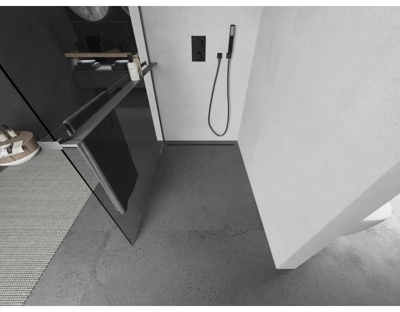 Mexen Kioto+, sprchová zástena Walk-In s poličkou a vešiakom 90 x 200 cm, 8mm číre sklo, grafitový profil, 800-090-121-66-00