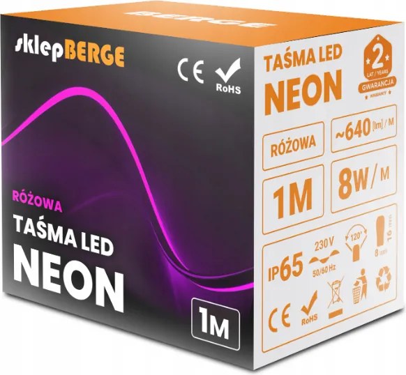 ECOLIGHT LED pásik NEON - 230V - 1m - 8W/m - IP68 - vodotesný - ružová