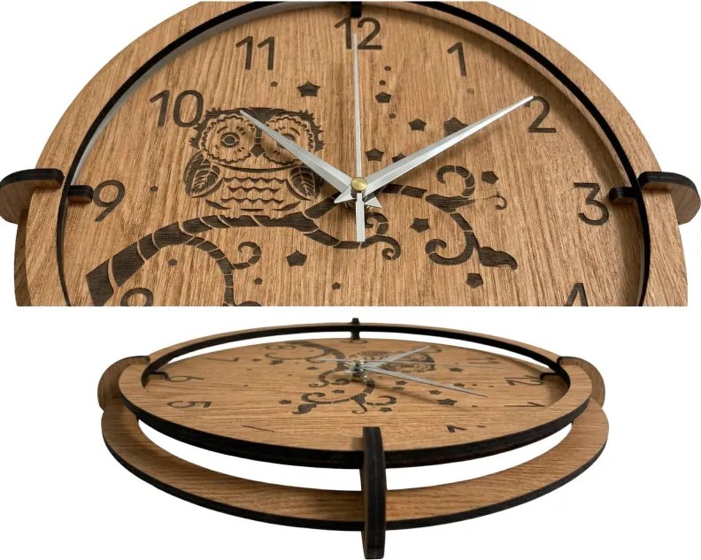Drevené nástenné hodiny Sova na vetve – dubový dekor, tichý chod | SENTOP HDF0573-OAK