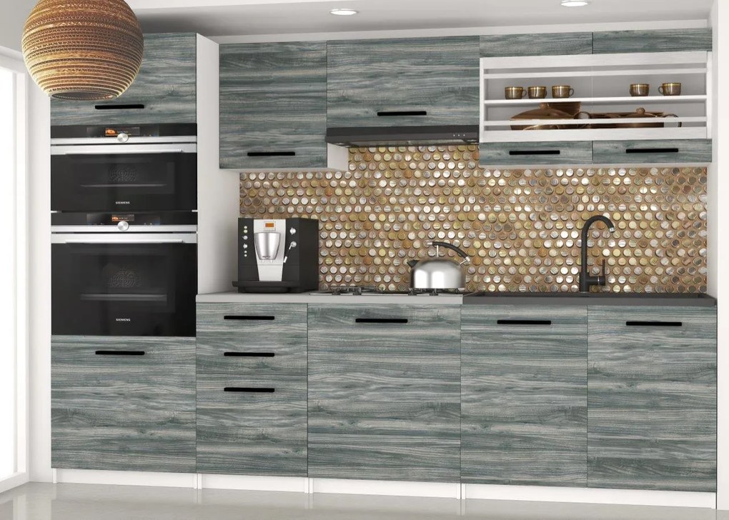 Kuchynská linka Belini 240 cm šedý antracit Glamour Wood s pracovnou doskou Paula2 TOR PAULA2/4/WT/GW1/0/B1