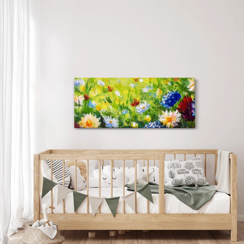 Obraz rozkvitnutej lúky, olejomaľba (120x50 cm)