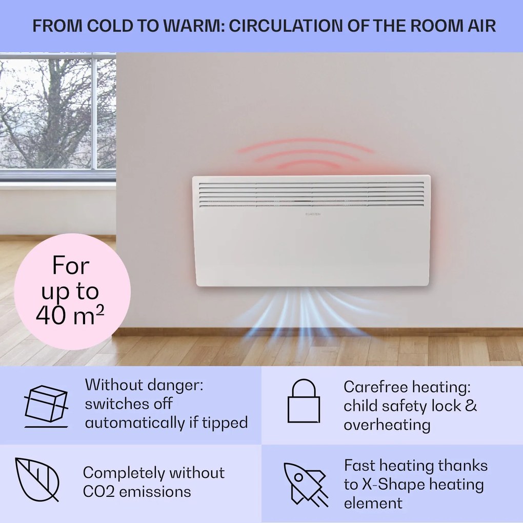 Klarstein Hot Spot Slimcurve, konvektor, ohrievač, 80 x 40 cm, 40 m², 2000 W, 5 - 40 °C, IP24, biely