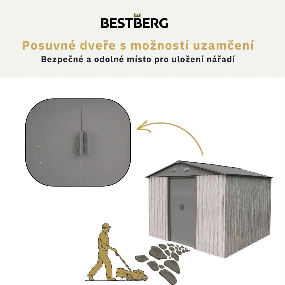 Záhradný domček BestBerg ZDB-7SD / 7,2 m² / 301 x 238 x 214 cm / biele drevo / sivá