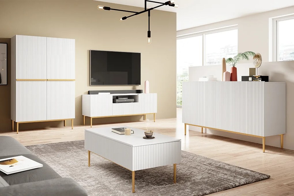 TV stolík Nicole 150 cm s otvorenou policou - biely mat / zlaté nožičky