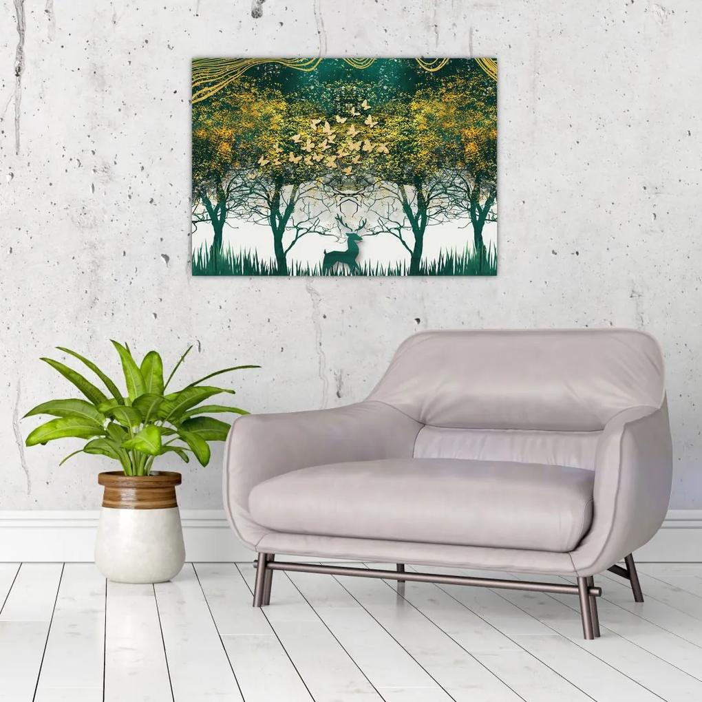Sklenený obraz - Jelene v zelenom lese (70x50 cm)