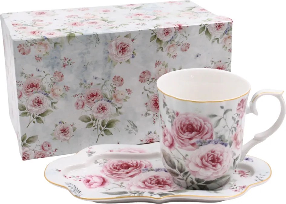 HOME ELEMENTS Porcelánový hrnček 360 ml s podšálkou, Ruža