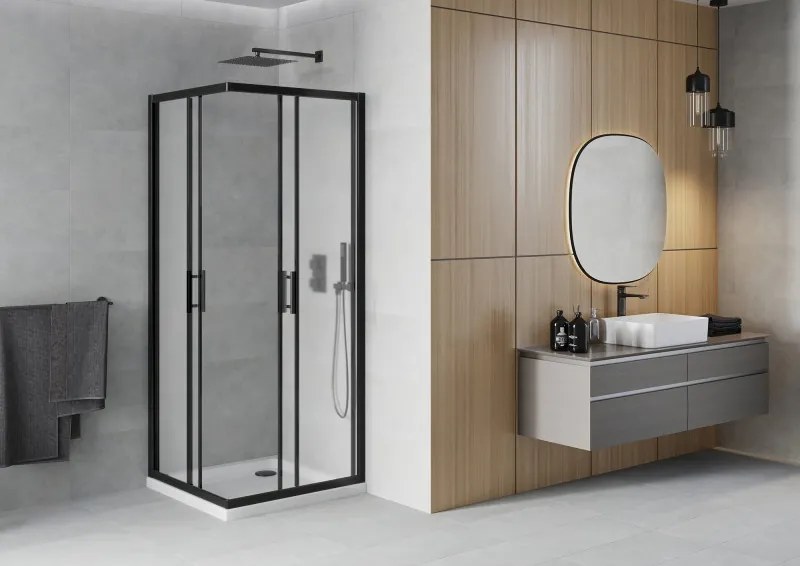 Mexen Rio, štvorcový sprchovací kút s posuvnými dverami 80(dvere) x 80(dvere) x 190 cm, 6mm sklo námraza, čierny profil + biela sprchová vanička SLIM, 860-080-080-70-30-4010B