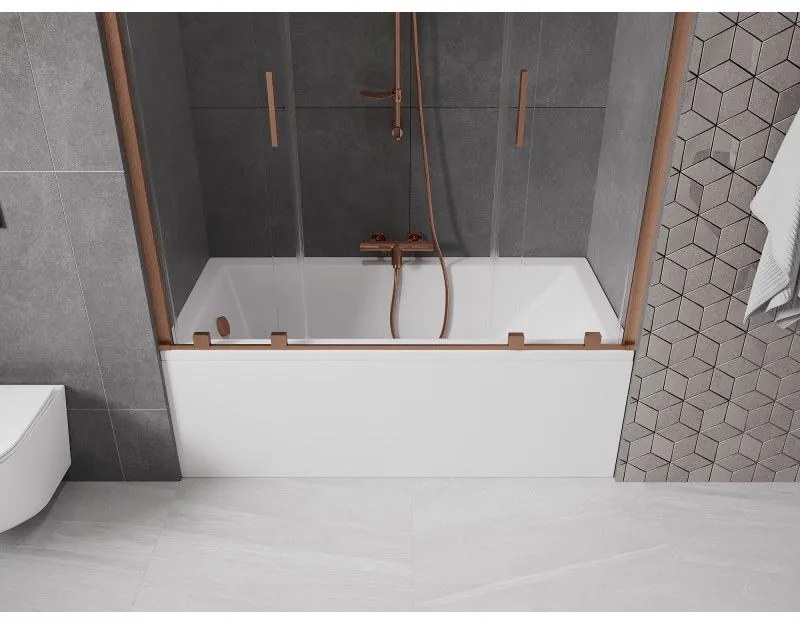 Mexen Velar Duo, 2-krídlová posuvná vaňová zástena 140 x 150 cm, 8mm číre sklo, medený matný profil, 896-140-000-02-65