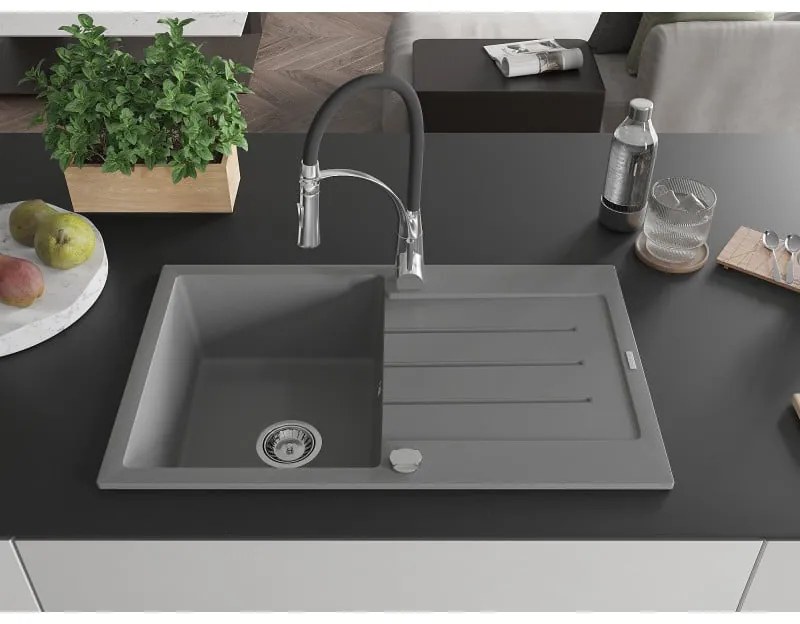 Mexen Bruno, 1-komorový granitový drez 795x495x200 mm a drezová batéria Aster, šedá, 6513-71-73450-07