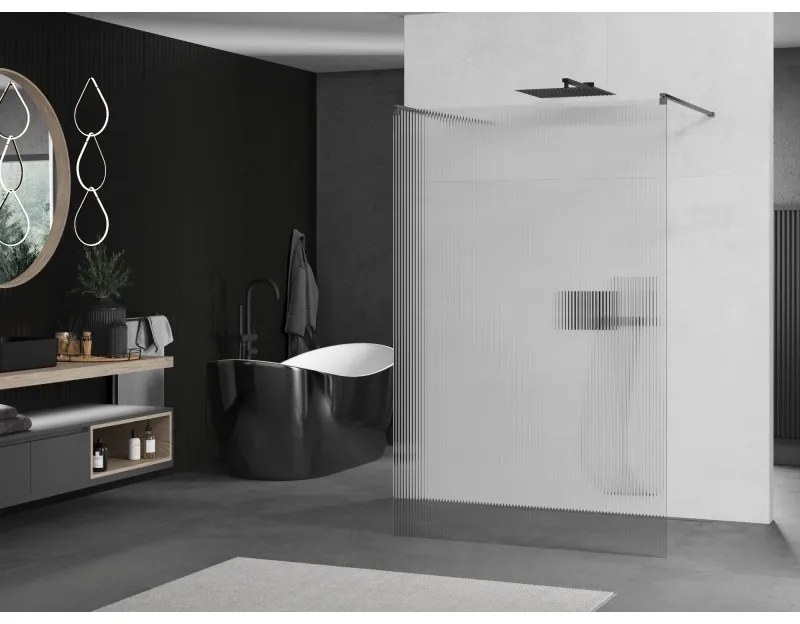 Mexen Kioto, sprchová zástena Walk-In 130 x 200 cm, 8mm sklo s rebrovým vzorom, grafitový profil, 800-130-002-66-09