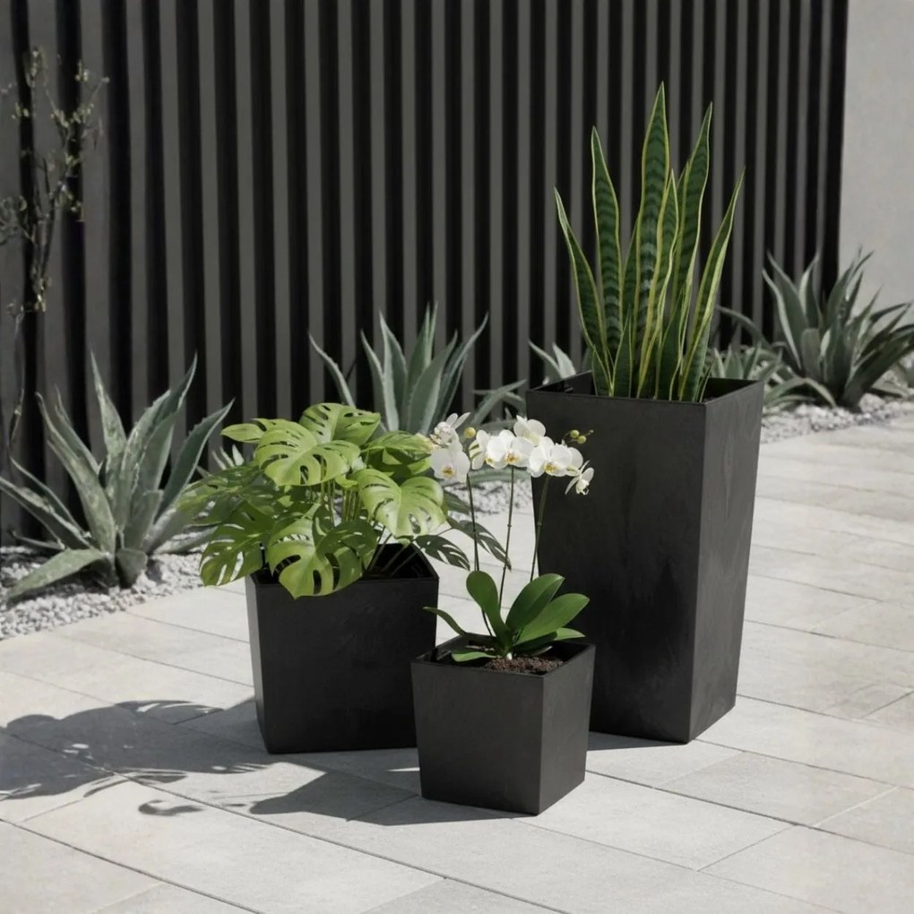 PLASTOVÝ KVETINÁČ FLORE 41X39,5X39,5 CM IMITÁCIA BETÓNU ČIERNA