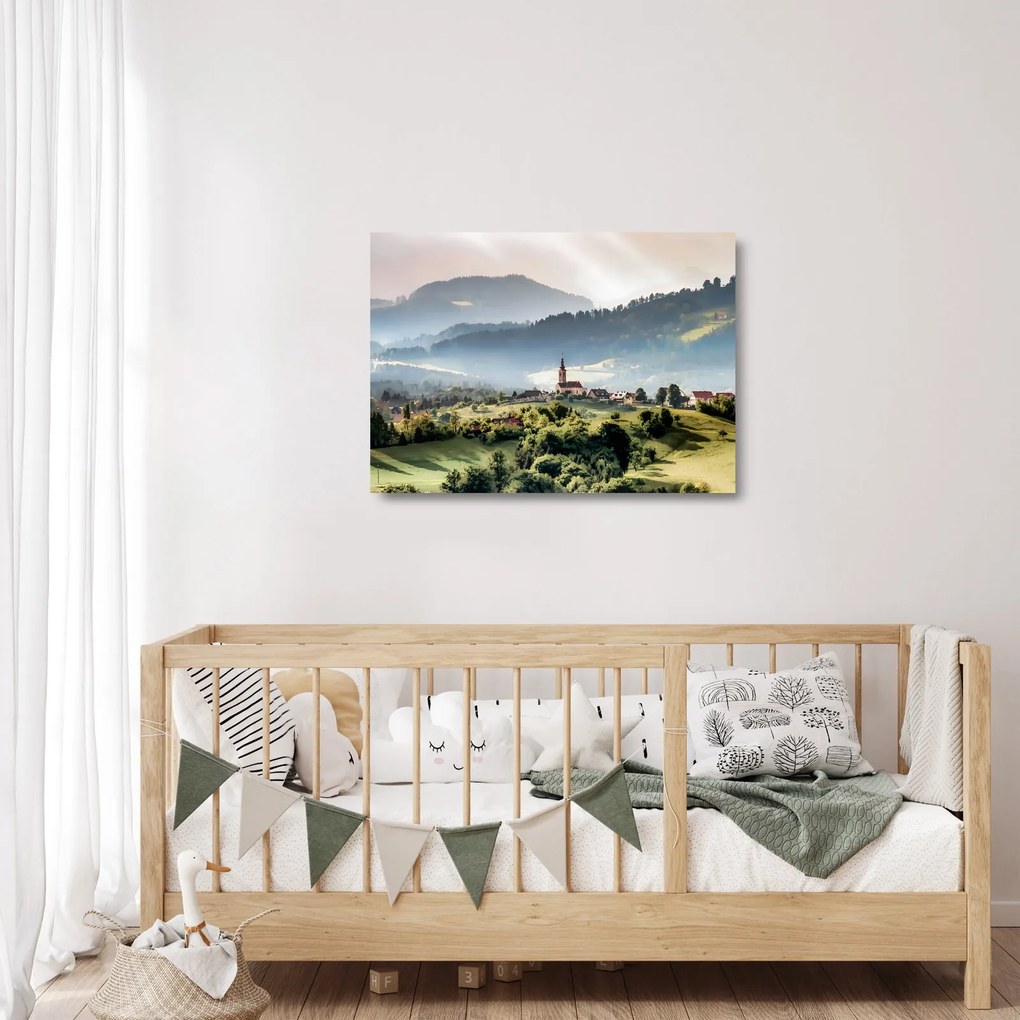 Sklenený obraz - dedinka v hmle (70x50 cm)