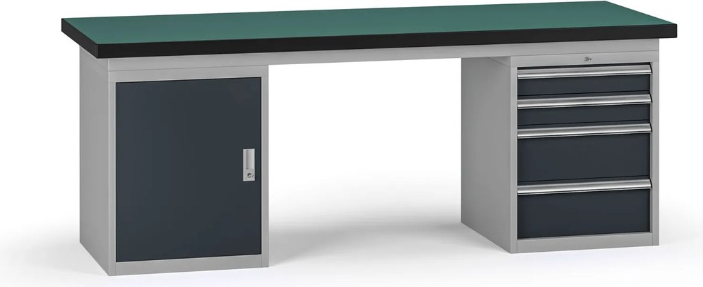 Pracovný stôl do dielne G8, 2100 x 750 x 800 mm, 1x skrinka, 1x kontejner, 4 zásuvky, grafit