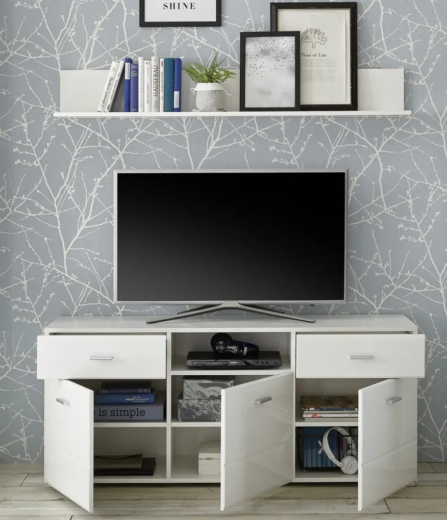 TV skrinka s nástennou policou Enrique, biely lesk