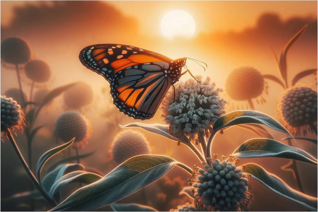 Obraz – Motýľ v zapadajúcom slnku (90x60 cm)