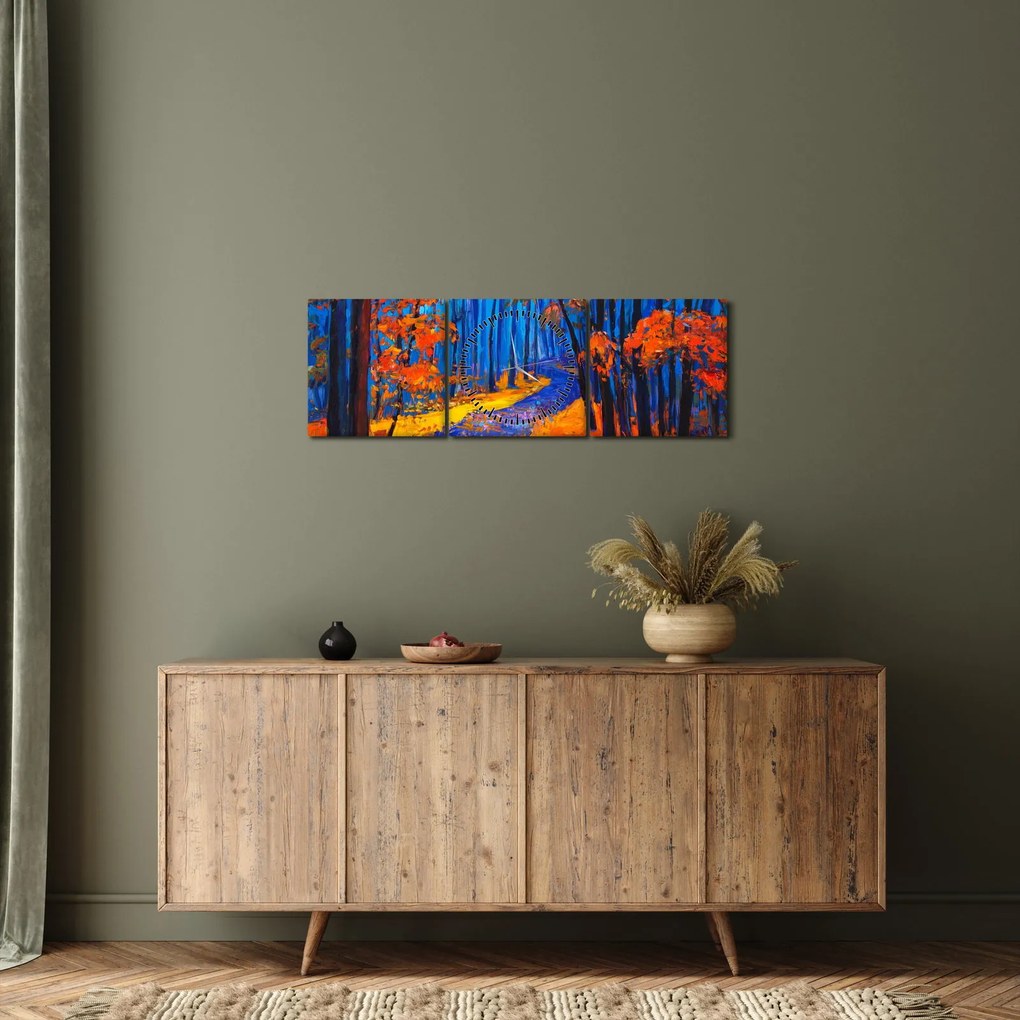 Obraz jesenného lesa (s hodinami) (90x30 cm)