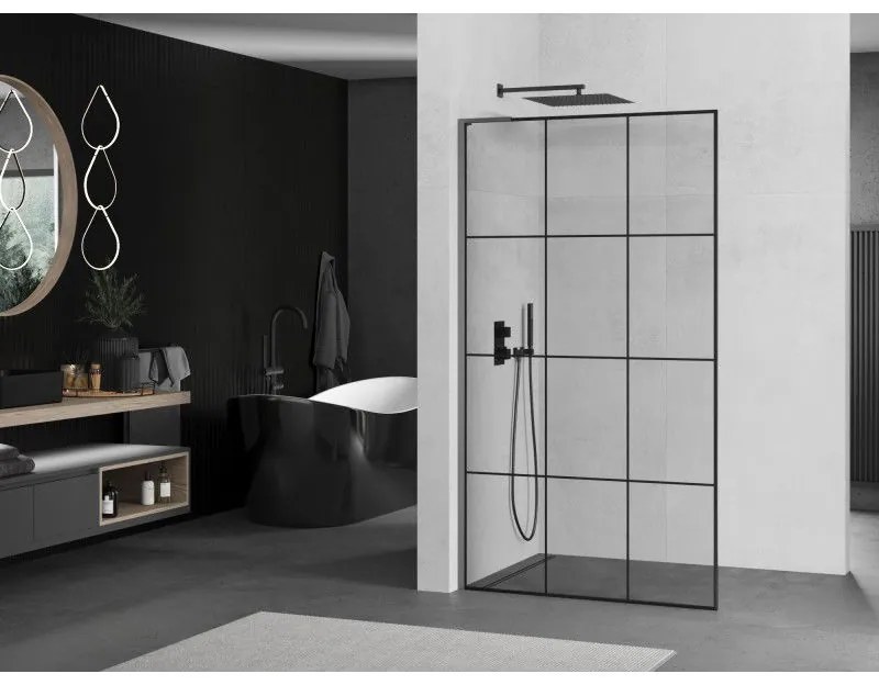 Mexen Kioto L, sprchová zástena Walk-In 120 x 200 cm, 8mm číre sklo čierny vzor, grafitový profil, 800-120-103-95-77