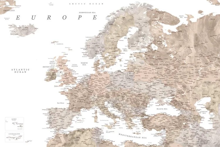 Mapa Detailed map of Europe in neutral watercolor, Blursbyai