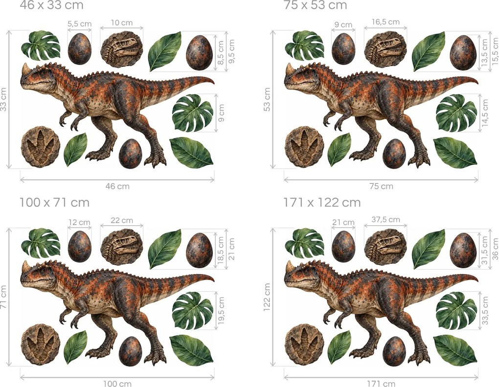 Ceratosaurus a skameneliny realistické dinosaurie nálepky do detskej izby pre chlapcov na stenu arch 46 x 33 cm
