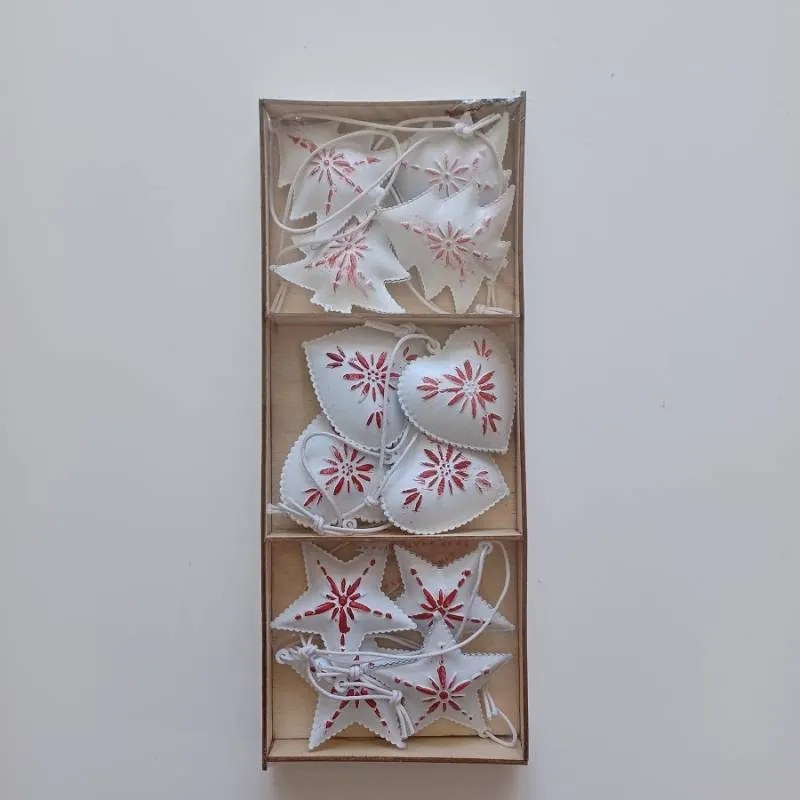 DECOLED Sada kovových vianočných závesných ozdôb s patinou, jemná červená, stromček, srdce, hviezda